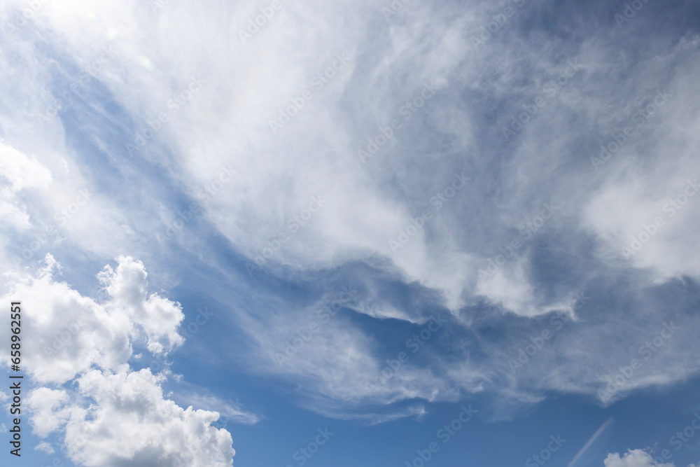 blue sky with lots of clouds in the summer season sky with clouds of different shapes and sizes