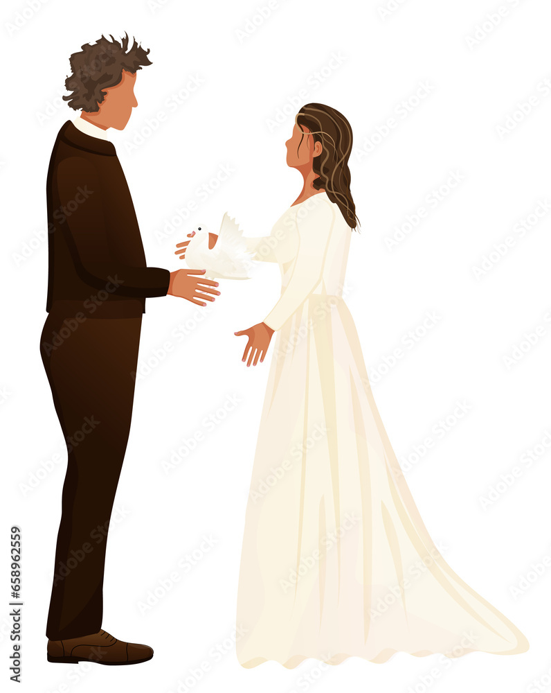 Married couple icon. Hand drawn style vector groom and bride illustration. Man and woman in white dress and black suit.