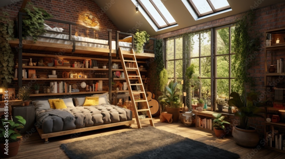 A bedroom with a loft bed and a ladder