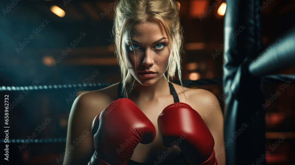 A woman in a boxing ring with red gloves