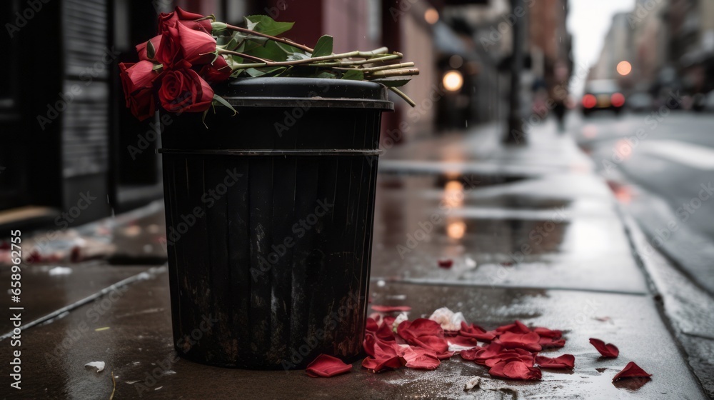 bouquet of roses thrown into the trash on a city street - obrazy, fototapety, plakaty 