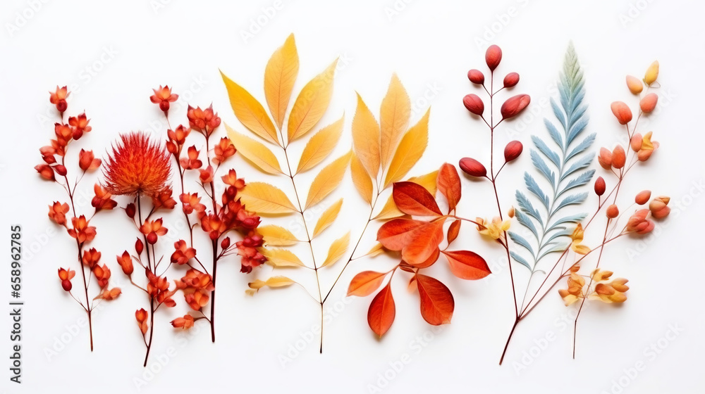 Autumn composition. Dried leaves, flowers, rowan berries on white background. Flat lay, top view. Generative AI