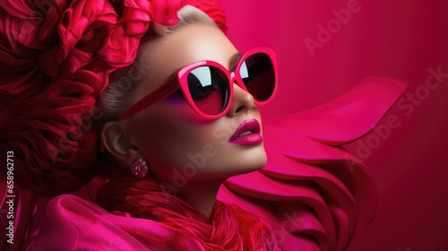 A woman in a pink dress and sunglasses