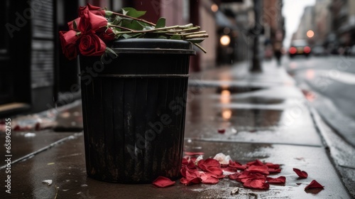 bouquet of roses thrown into the trash on a city street