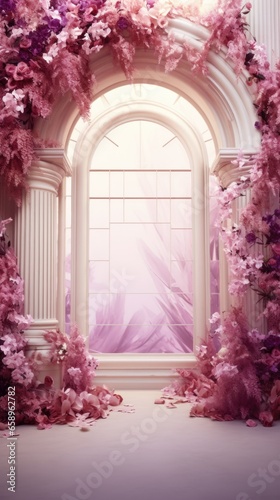 A room with a window and pink flowers