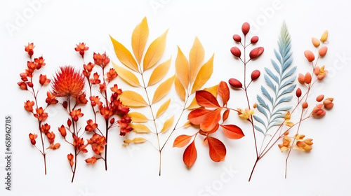 Autumn composition. Dried leaves, flowers, rowan berries on white background. Flat lay, top view. Generative AI