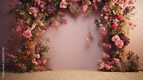 A room with a bunch of flowers on the wall