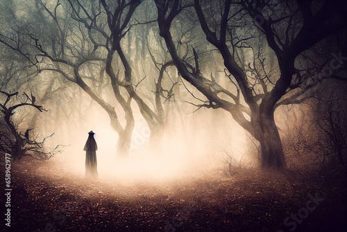 ghostlike figure in spooky forest Halloween card