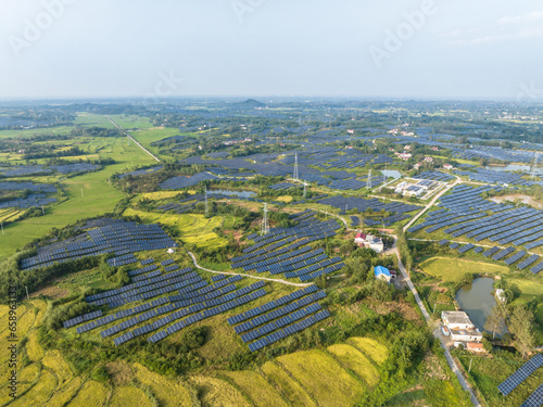 aerial view solar power station on mountain