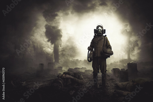 man wearing gas mask in apocalyptic scene © Melinda Nagy