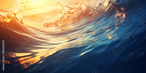 Closeup of the ocean wave. The sea in the light of summer sunset. Travel  vacation concept. Generative AI