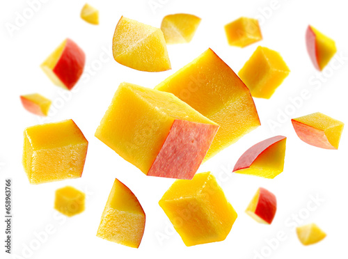 Mango cubes fly and levitate in space. Volumetric light from behind. Isolated on white.