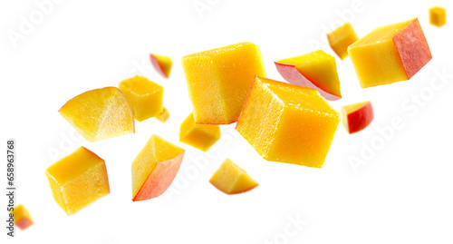 Mango cubes fly in space forming a chain shape. Volumetric light from behind. Isolated on white.