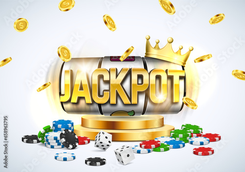 Shining sign Jackpot with slot machine, golden crown, coins, dice and poker chips . Vector illustration.