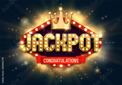 Shining sign Jackpot with golden crown on a bright background. Vector illustration.