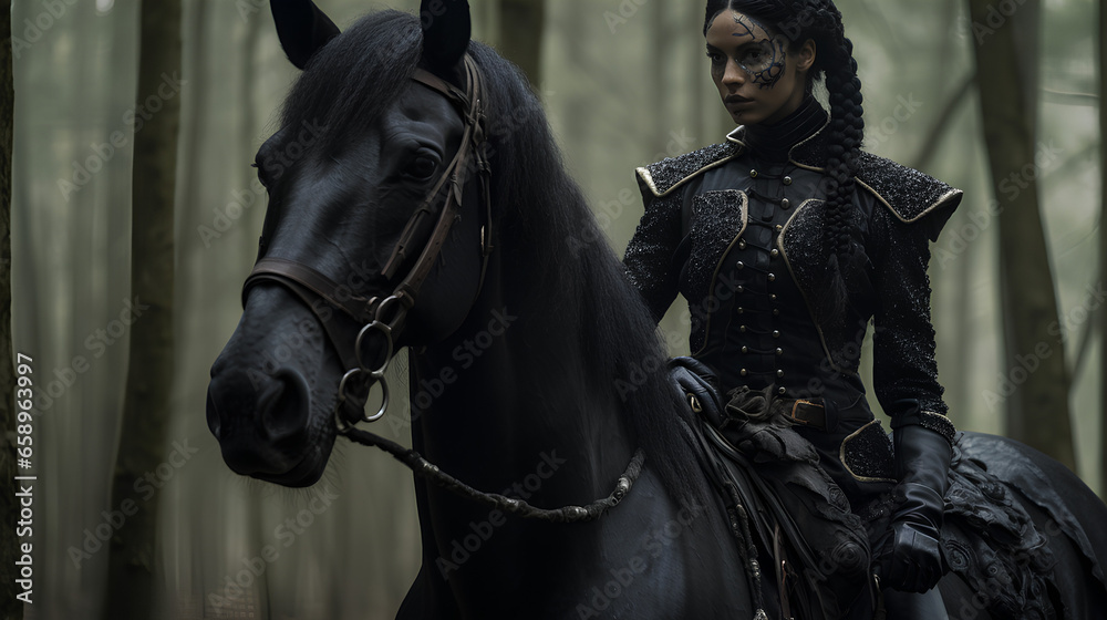 a black cold blooded trotter, in the forest, female rider a black cold blooded trotter, in the forest, female rider