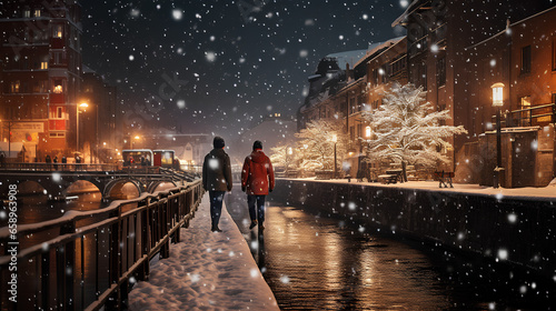 realistic photo of the nighttime view of Canal in the snow © l1gend