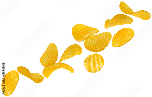 Ridged potato chips isolated on white fly in space forming the shape of a chain. Selective focus