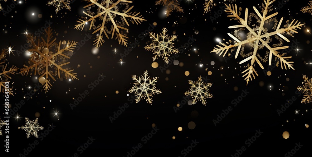 Golden snowflakes and lights on a black background close-up. Abstract bokeh backdrop. New year and Christmas background footage.