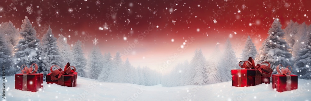 Obraz premium Christmas gifts in red packages against the background of a winter forest and snowfall in defocus. Abstract bokeh backdrop. New year and Christmas background footage.
