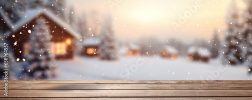 A wooden table against the background of a winter forest  houses and snowfall in defocus. Abstract bokeh backdrop. New year and Christmas background footage.