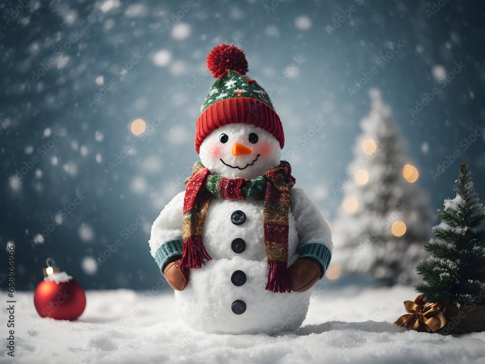 full body of snowman with Christmas tree on snow background.
