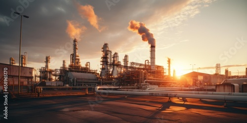 Industrial oil refinery plant. Dusk view of petroleum manufacturing facility