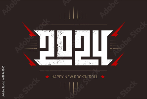 Happy New Rock'n'roll 2024 - music poster with stylized inscription, red lightnings and stars on dark background. Cool print for t-shirt with inscription. 2024 - t-shirt design for new year party.