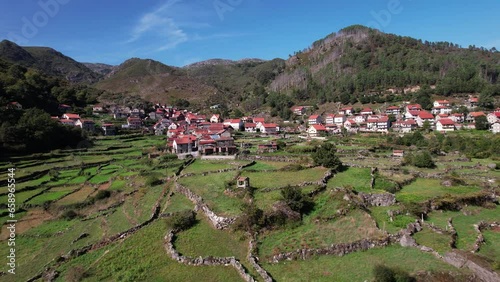 Aerial View Village of Gavieira Senhora da Peneda Gerês Portugal 4k. Rural Landscape photo