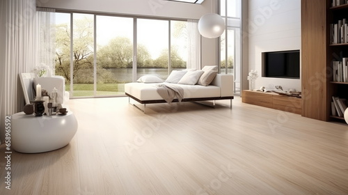 Modern living room interior. Large bright room with laminate floor photo