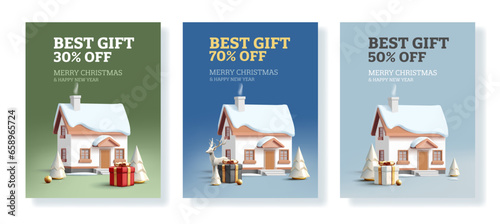Set of Christmas sale banners with 3d illustration of ginger cookie house in sugar snow and reindeer, gift box and fir tree 3d illustration