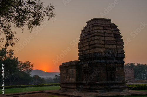 Temple with sunrise, Badami, Karnataka, India.