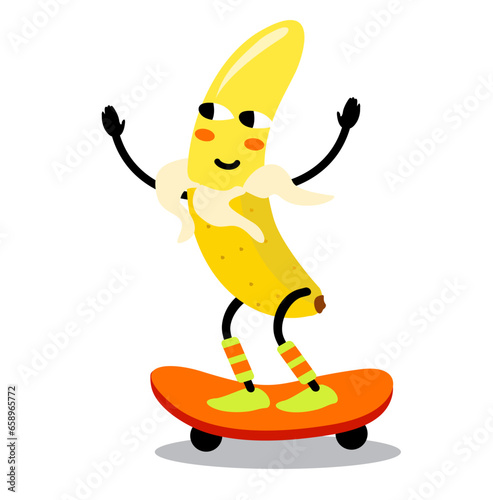 Illustration banana on skateboard. Cute happy banana character playing skateboard. Banana riding on skateboard, cartoon funny fruit vector Illustration