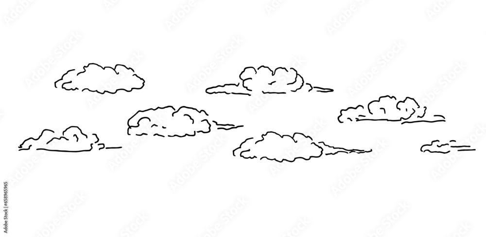 Hand drawing set of clouds different shapes in black color isolated on white background. Decorative asian clouds for festive design. Vector illustration. Line art element of nature. Hand drawing set of clouds different shapes in black color isolated on white background. Decorative asian clouds for festive design. Vector illustration. Line art element of nature.