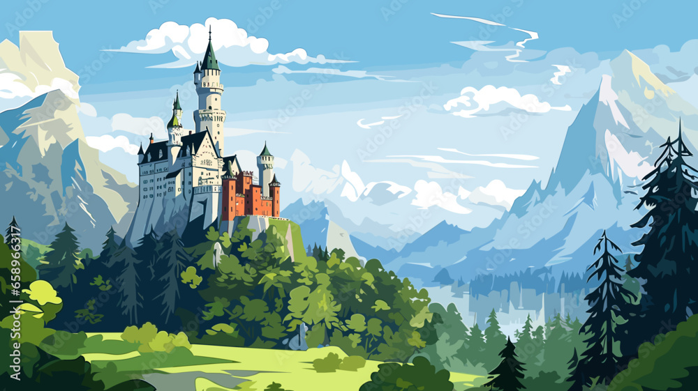 simple vector flat vector illustration, Neuschwanstein Castle in a wonderful alpine landscape. Neuschawnstein Castle in the Bavarian Alps. Beautiful trave destination. Bavaria. simple vector flat vector illustration, Neuschwanstein Castle in a wonderful alpine landscape. Neuschawnstein Castle in the Bavarian Alps. Beautiful trave destination. Bavaria.