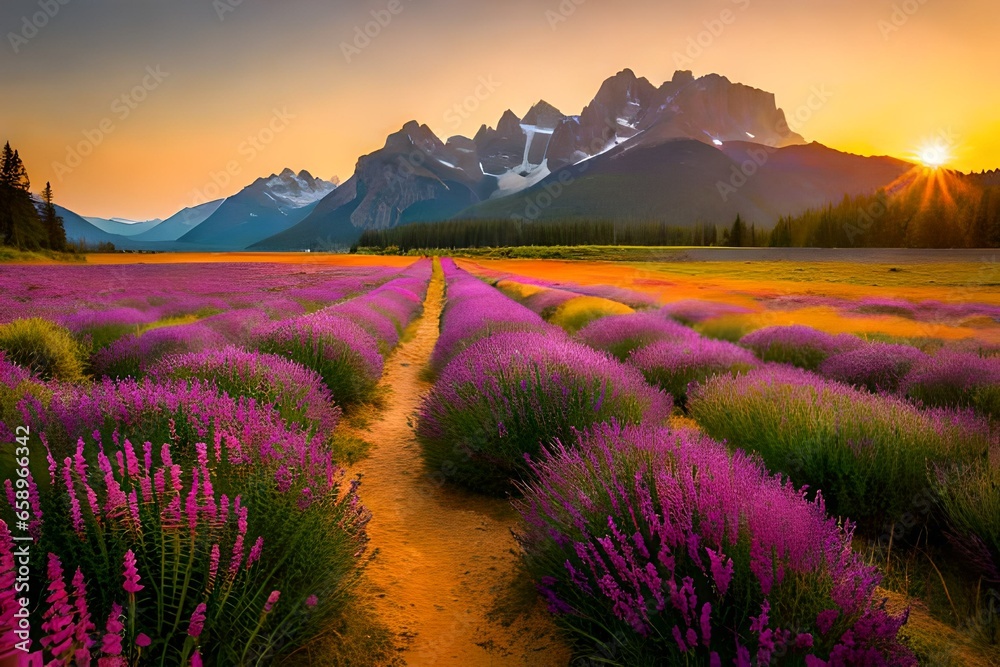 A high-altitude meadow, where wildflowers bloom in a riot of colors against the sky