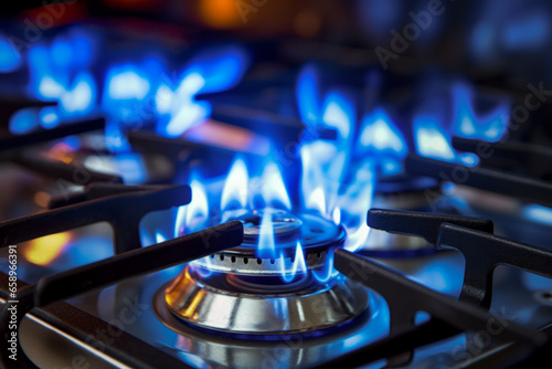 Close up of gas burning on modern kitchen in background of gas stove and blue or orange gas flame on hab. Abstract concept of Fire and equipment.