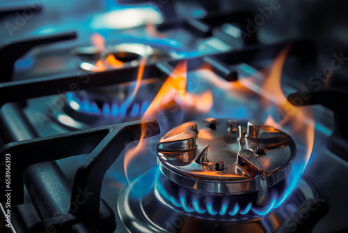 Close up of gas burning on modern kitchen in background of gas stove and blue or orange gas flame on hab. Abstract concept of Fire and equipment.