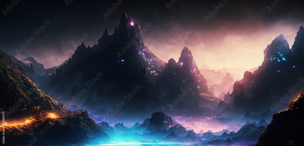 city of mountains Scene of a fantasy land Sophisticated panoramas of colorful hues and mysterious light and shadow