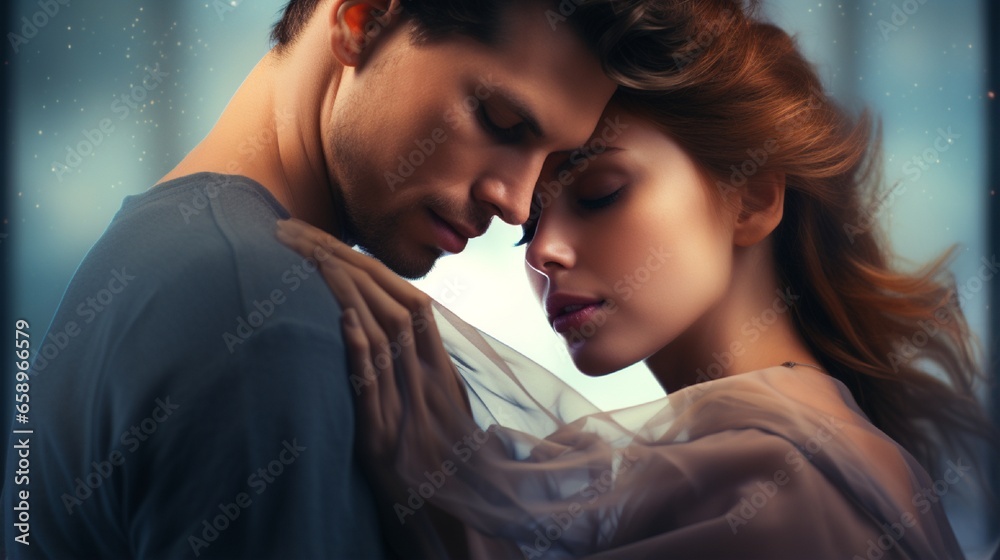 Beautifully cuddling pair in love. Stylish double-exposure book cover for a romance novel