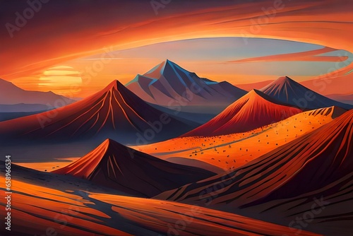 Sunset over a rugged volcanic range  painting the sky with fiery hues over ancient peaks