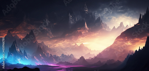 Panorama of mountains in a fantasy land with the complexity of colorful and mysterious light and shadow