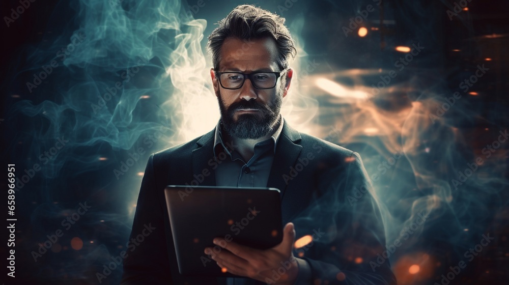 Double exposure of a businessman with a beard wearing a black shirt, spectacles, and clutching a modern notepad in his hands Double exposure of a businessman with a beard wearing a black shirt, spectacles, and clutching a modern notepad in his hands