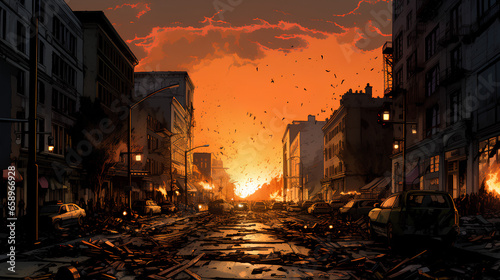 a downtown city street devoid of people after rioting and looting. a dystopian scene in the style of a graphic novel