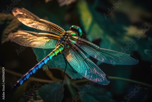 Closeup of a blue and green dragonfly.