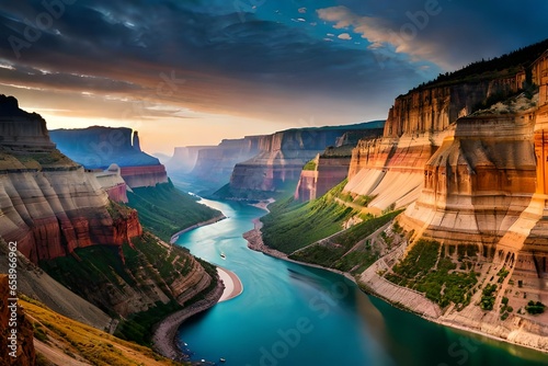 Photo A rugged canyon carved by time, with sheer cliffs and a river winding through th