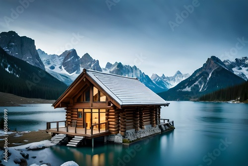 A remote mountain cabin surrounded by snow-covered peaks and a pristine alpine lake