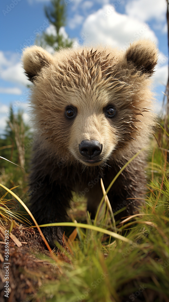 Obraz premium A cute little bear played happily on the green grass