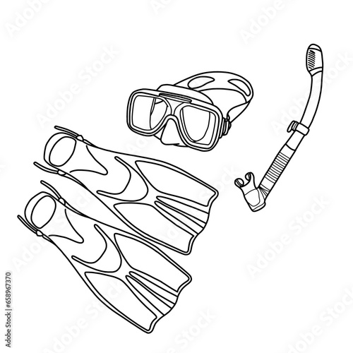 Vector illustration of snorkeling equipment set hand drawn sketch, Containing snorkel, pairs fins or flippers and mask,  isolated on white background