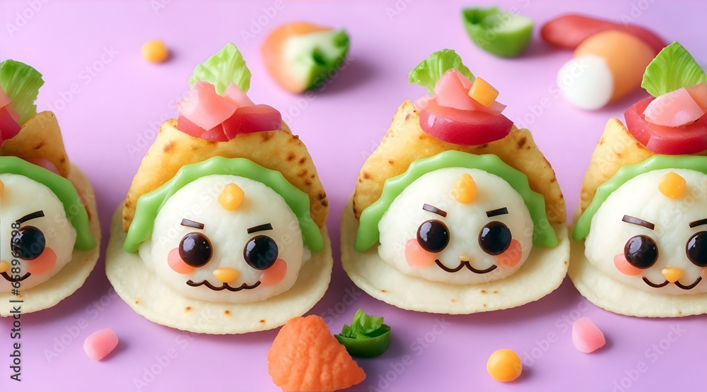 Creative food for kids on violet background funny face made of Tacos